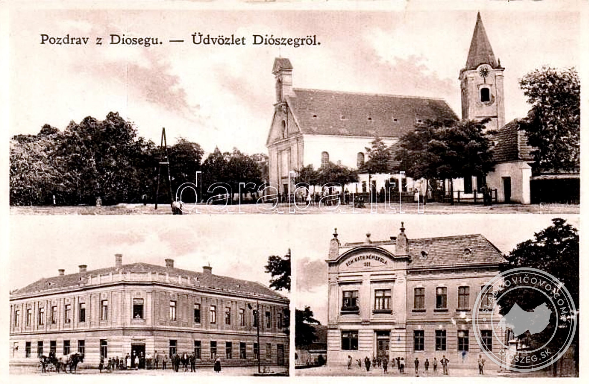 R.k. kostol, hotel Wollner a R.k. Ľudová škola na pohľadnici z druhej dekády 20. storočia.